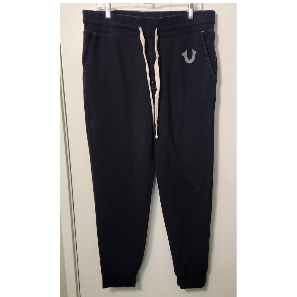 True Religion Black Men's Sweatpants Joggers Drawstring Waist Logo Pockets Large